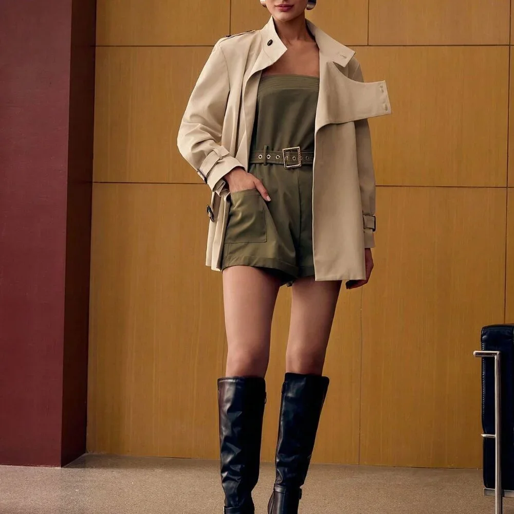 Khaki Elegant Women's Stand Collar Belted Mini Trench Coat - Picture 6 of 6